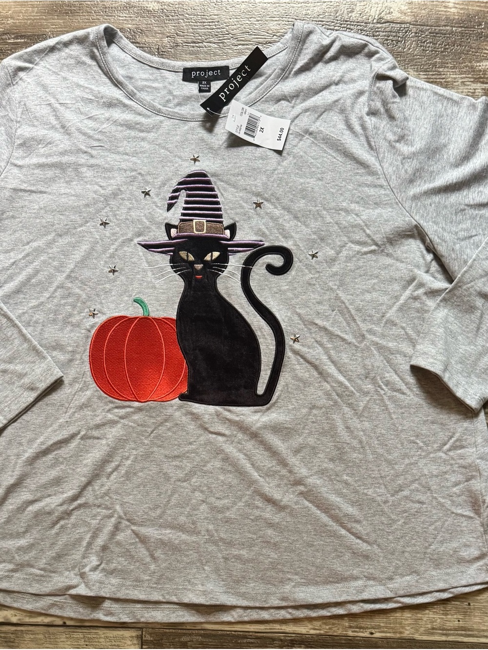 Project E Gray Long Sleeve Top with Black Witch Cat and Orange Pumpkin